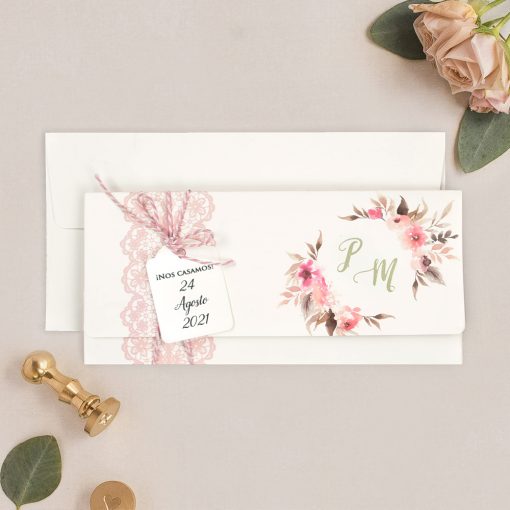 Invitatie de Nunta cu Poza model Dantela si Coronita de Flori Acuarela 39718