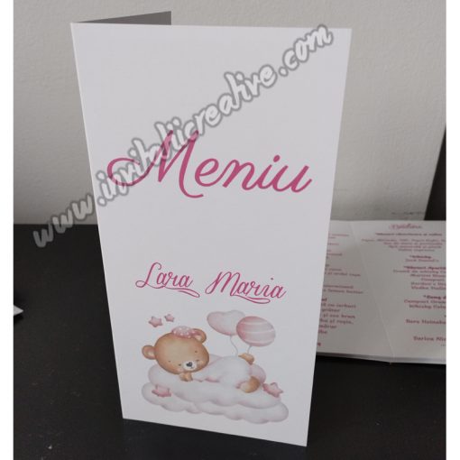 Meniu de Botez Haios cu Ursulet Somnoros si Baloane Roz