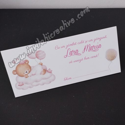 Plic de Bani Botez Haios cu Ursulet Somnoros si Baloane Roz