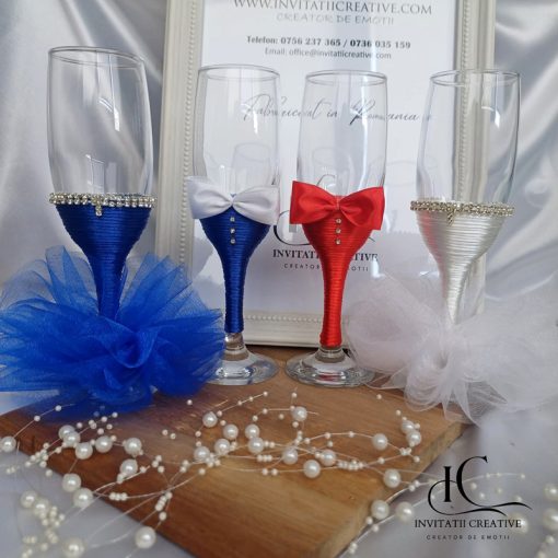 Set pahare miri si nasi cu tull si strasuri argintii