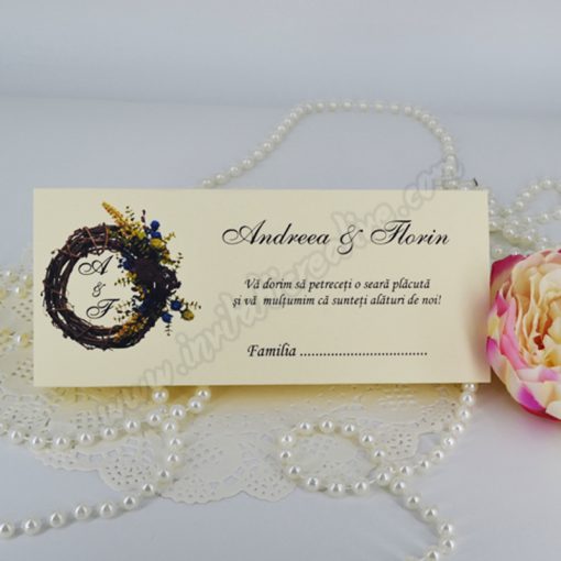 Plic de bani nunta rustic cu coronita din nuiele si flori de camp