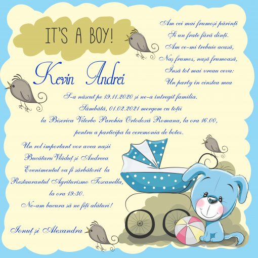 Invitatie electronica botez ursulet si carucior bleu