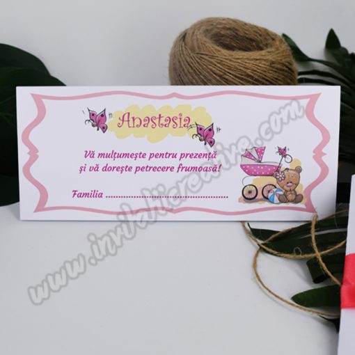 Plic de bani botez ursulet si carucior roz