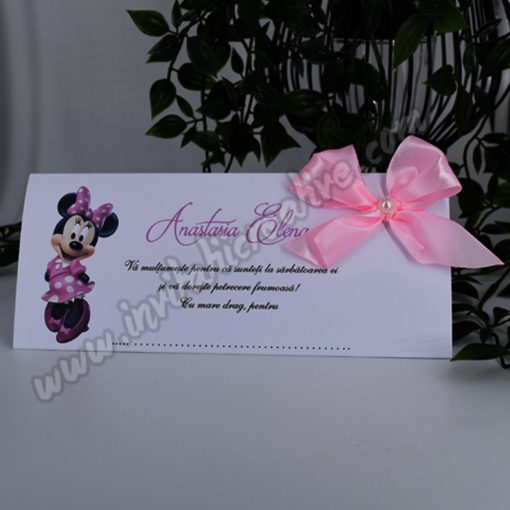 Plic de Bani Botez Elegant cu Minnie Mouse Fundita roz si Perla