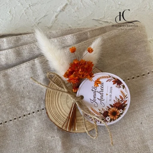 Marturie Suport Lemn Magnetic cu Buchet Flori Uscate Bej-Orange
