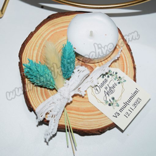 Marturie Suport Lemn Lumanare cu Buchet Flori Uscate