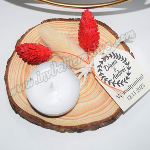 Marturie Suport Lemn Lumanare cu Buchet Flori Uscate Crem-Rosu