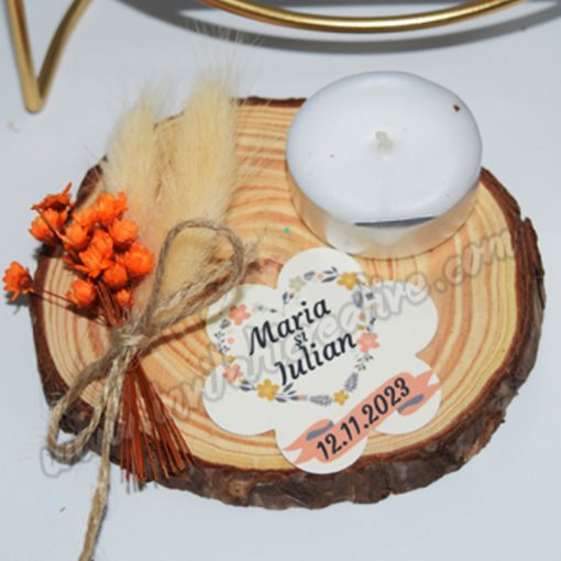 Marturie Suport Lumanare cu Buchet Flori Uscate Crem-Orange