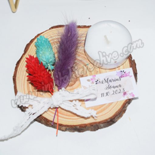 Marturie Suport Lemn Lumanare cu Buchet Flori uscate Colorate