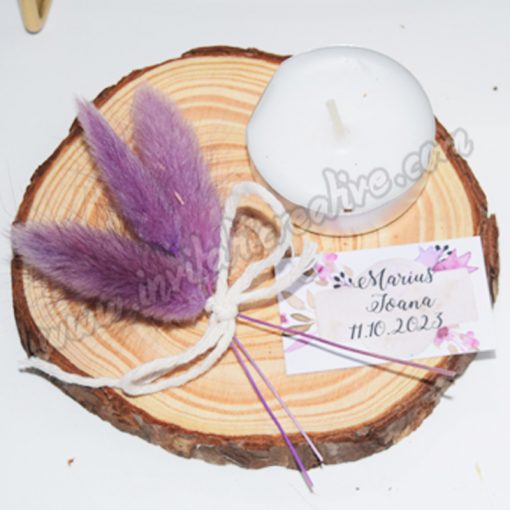 Marturie Suport Lemn Lumanare cu Buchet Flori Uscate Mov