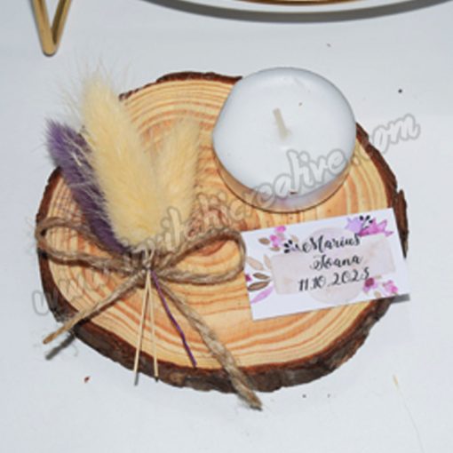 Marturie Suport Lemn Lumanare cu Buchet Flori Uscate Crem-Mov