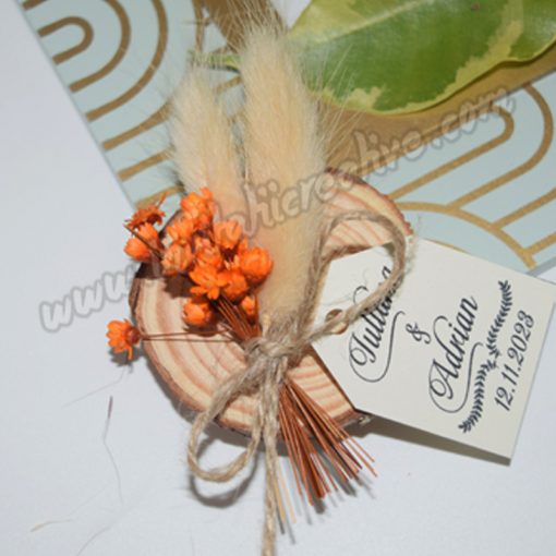 Marturie Suport Lemn Magnetic cu Buchet Flori Uscate Bej-Orange