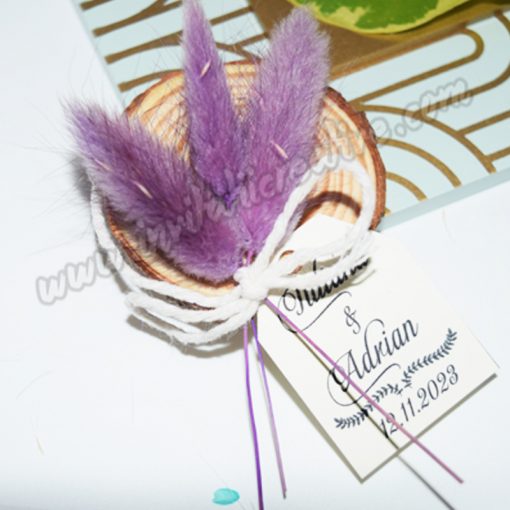 Marturie Suport Lemn Magnetic cu Buchet Flori Uscate mov