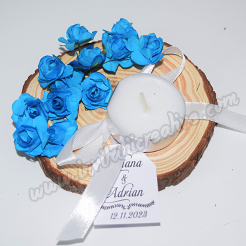Marturie Suport Lemn Lumanare cu Flori Albastre