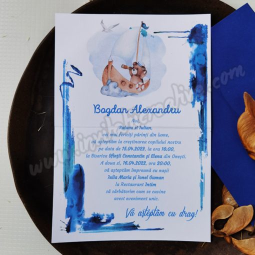 Invitatie de Botez Watercolora Albastru cu Ursulet Navigator
