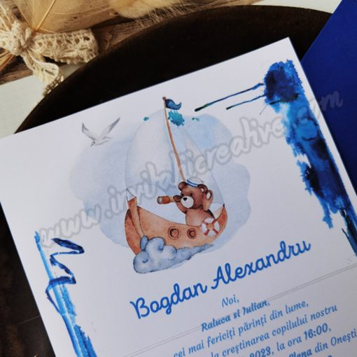 Alternative view of Invitatie de Botez Watercolora Albastru cu Ursulet Navigator