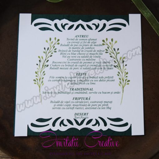 Meniu Nunta Elegant LaserCut cu Frunze Acuarela Verde