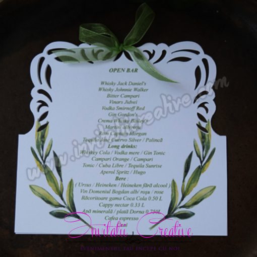 Meniu Nunta Elegant Lasercut Crenguta de Maslin si Fundita