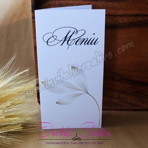 Meniu Nunta Elegant cu Frunze Voal si Detalii Aurii