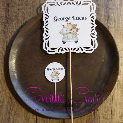 Topper Mesaj Model decupat laser cu Animalute Safari in Masina