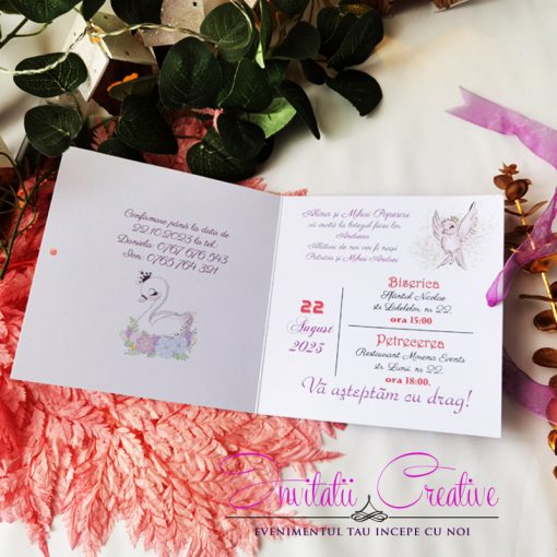 Alternative view of Invitatie Botez Lebada Dragalasa cu Coronita din Flori Mov-Lila