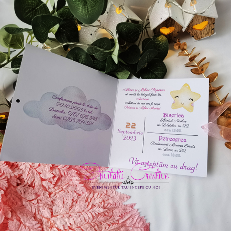 Invitatie Botez Luna cu Coronita din Flori Stele si Norisori Watercolor - imagine 2