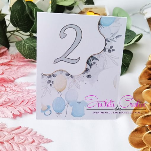 Numar de Masa Botez Watercolor Baloane Body si Suzeta Bleu