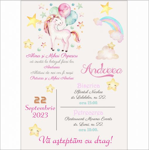 Invitatie Botez Digitala Watercolor cu Unicorn