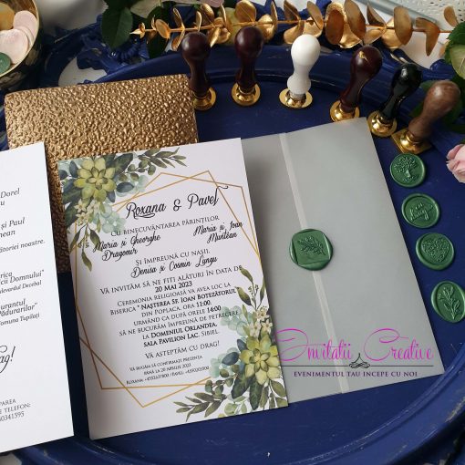 Invitatie de Nunta Calc si Pecete Eleganta Motiv Floral si Frunze Verzi (2)