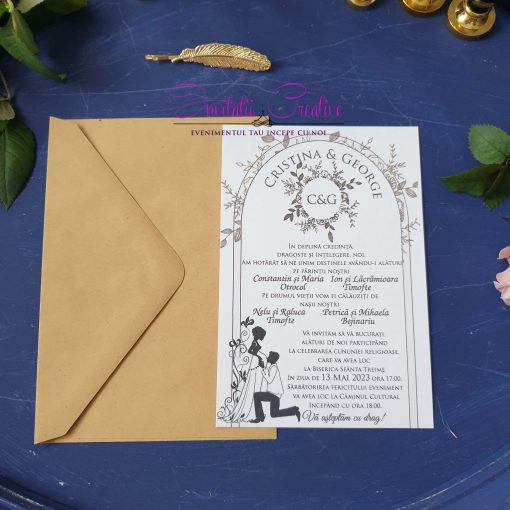 Invitatie de Nunta Clasica Alb-Negru cu Miri Eleganti (1)