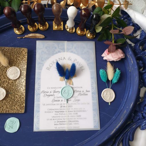 Invitatie de Nunta Eleganta Greceasca cu Lamai si Fundal Albastru (1)
