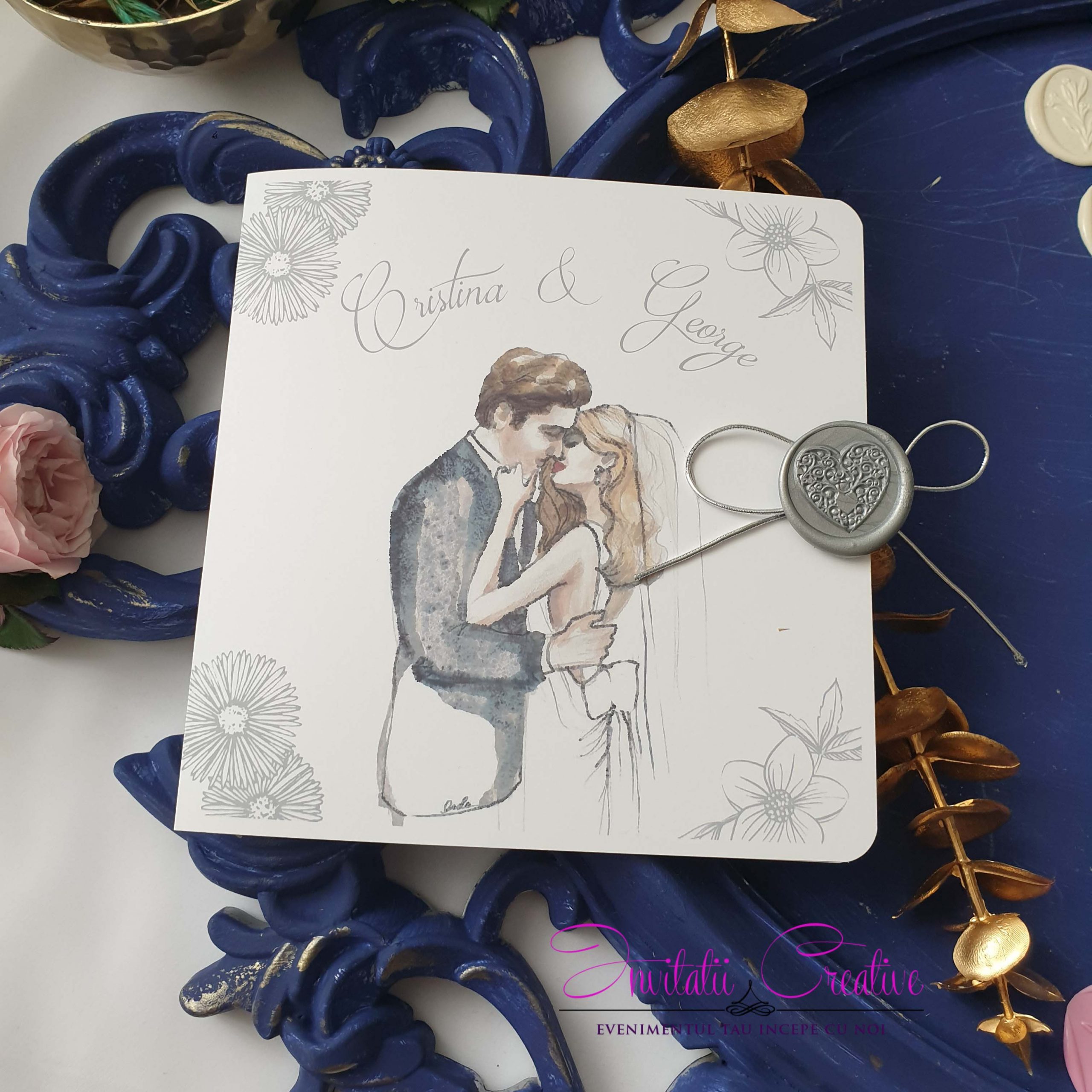 Invitatie de Nunta Eleganta cu Miri Indragostiti Acuarela (2)