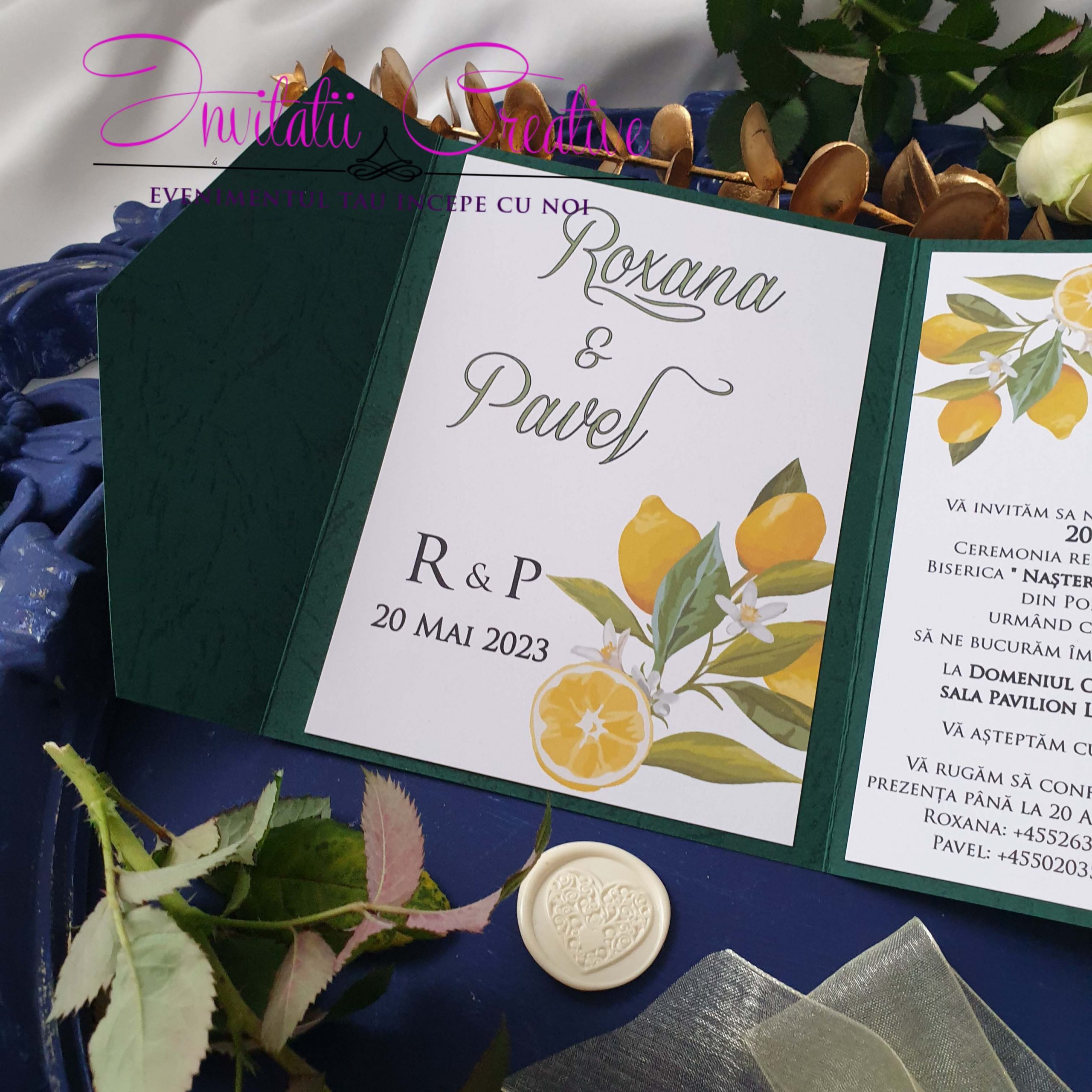 Invitatie de Nunta Verde Motiv Mediteraneean Crengute cu Lamai - imagine 4