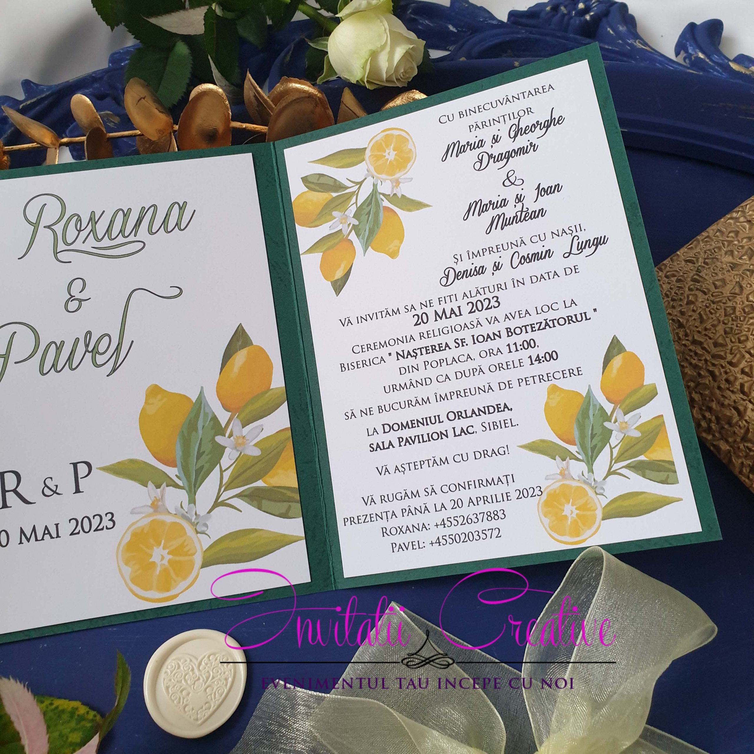 Invitatie de Nunta Verde Motiv Mediteraneean Crengute cu Lamai - imagine 5