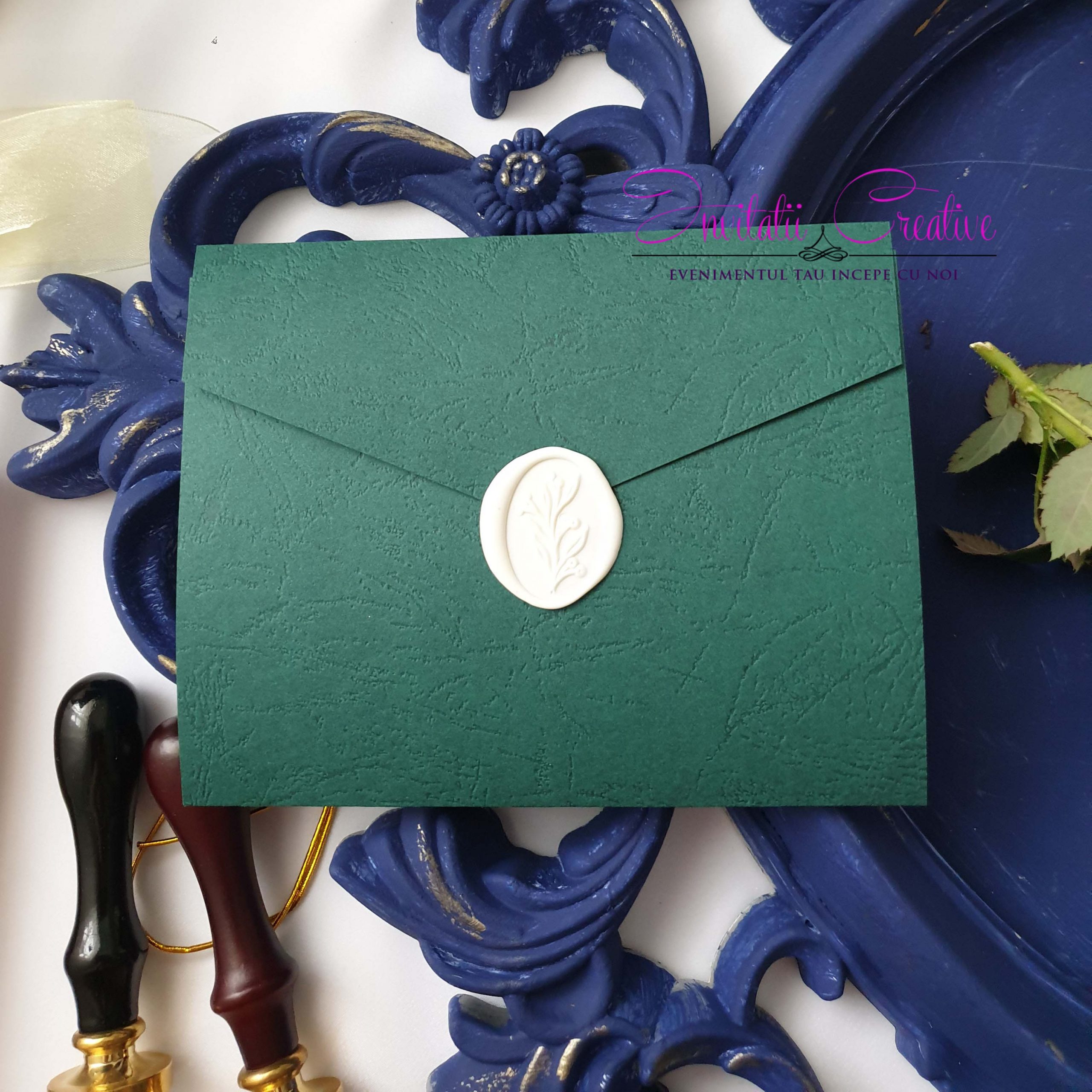 Invitatie de Nunta Verde Motiv Mediteraneean Crengute cu Lamai - imagine 2