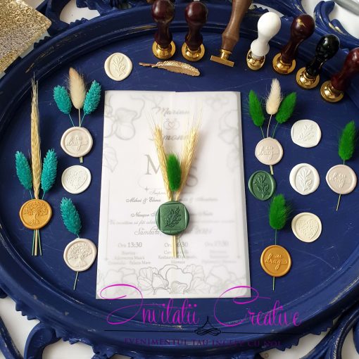 Invitatie de Nunta cu Calc si Pecete Motiv Floral Grafic Alb-Negru (2)