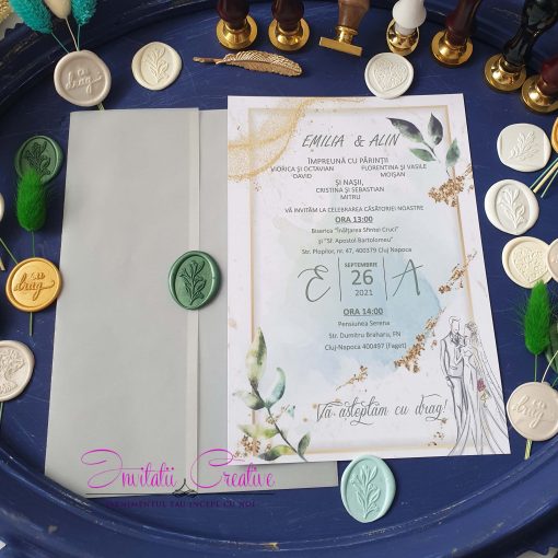 Invitatie de Nunta cu Calc si Pecete Motiv Modern Acuarela Auriu Frunze si Miri (1)