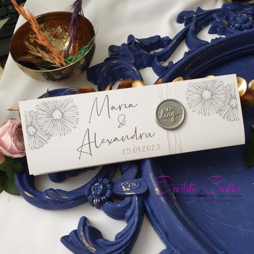 Invitatie de Nunta cu Pecete Gri-Argintiu Motiv Floral Grafic (1)
