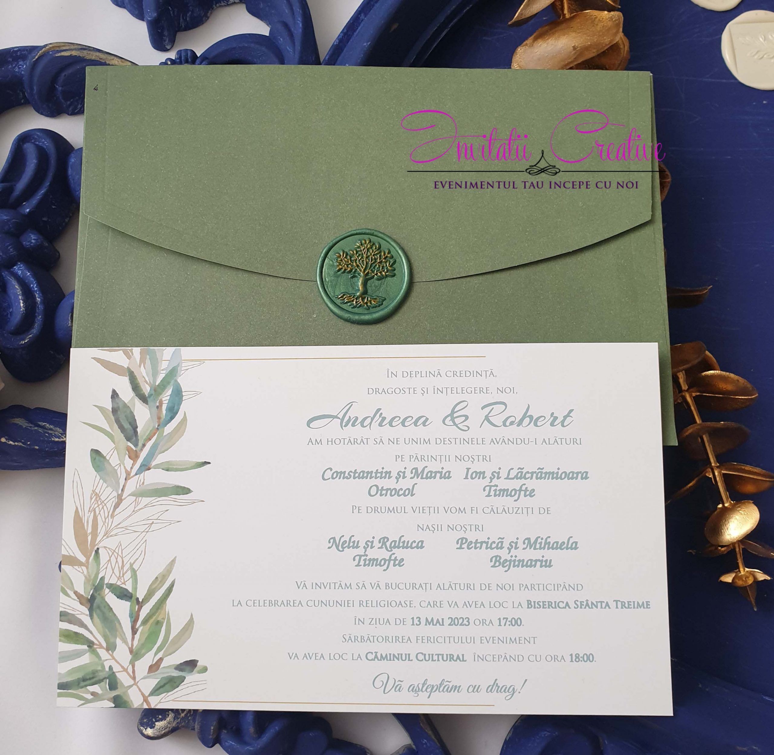 Invitatie de Nunta cu Sigiliu Crenguta de Salcie Watercolor - imagine 4