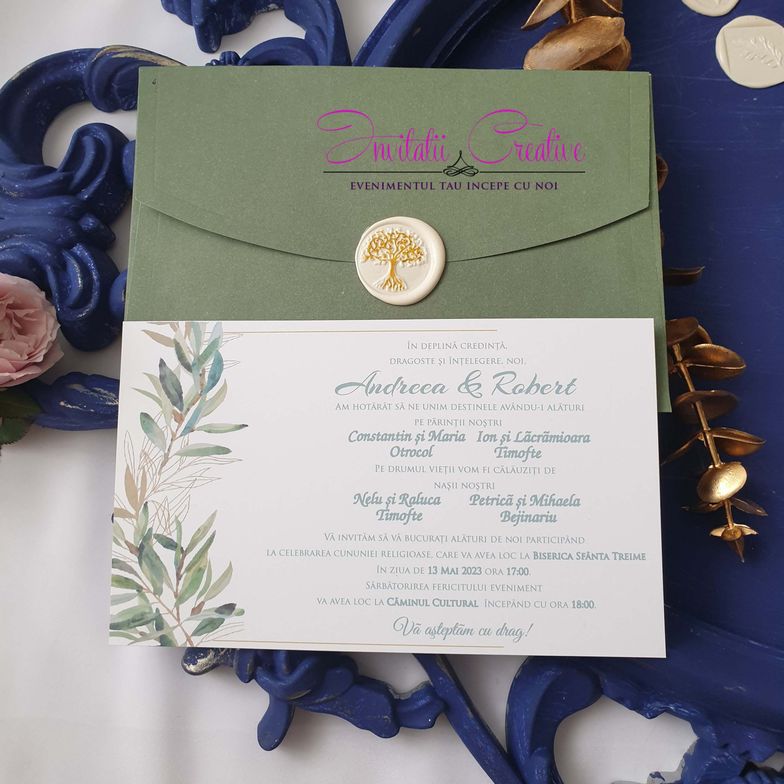 Invitatie de Nunta cu Sigiliu Crenguta de Salcie Watercolor - imagine 5