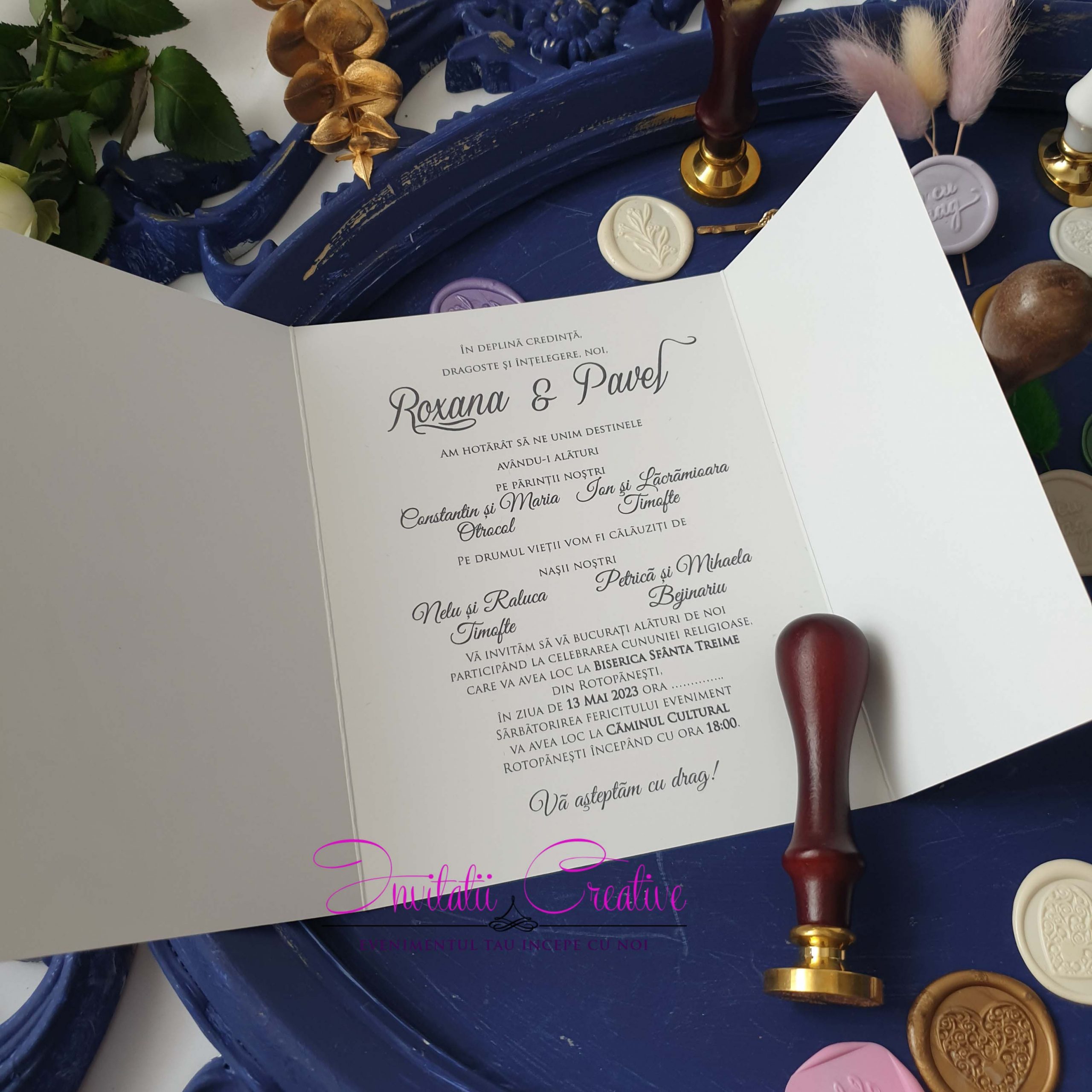 Invitatie de Nunta cu Sigiliu Motiv Floral Lalele Mov Acuarela - imagine 5
