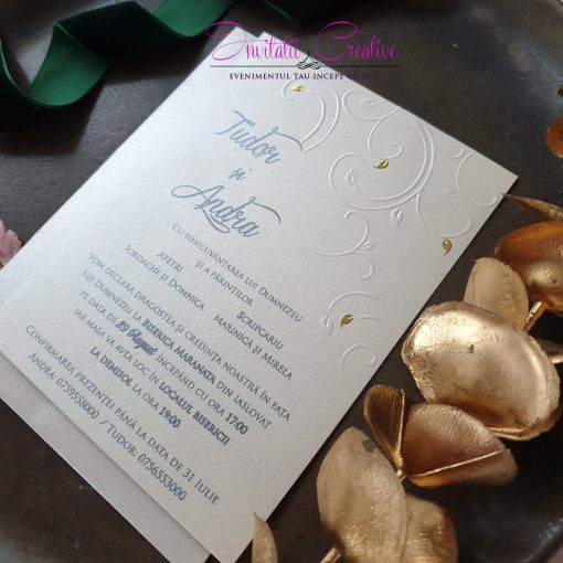 invitatie de nunta ieftina cu frunzulite aurii 1