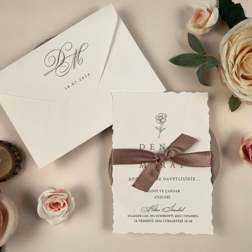 Invitatie de nunta cu panglica maro 96931