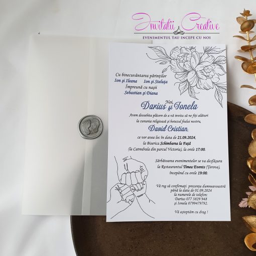 Invitatie Nuntez Sigiliu Motiv Grafic Floral Parinti si Bebe