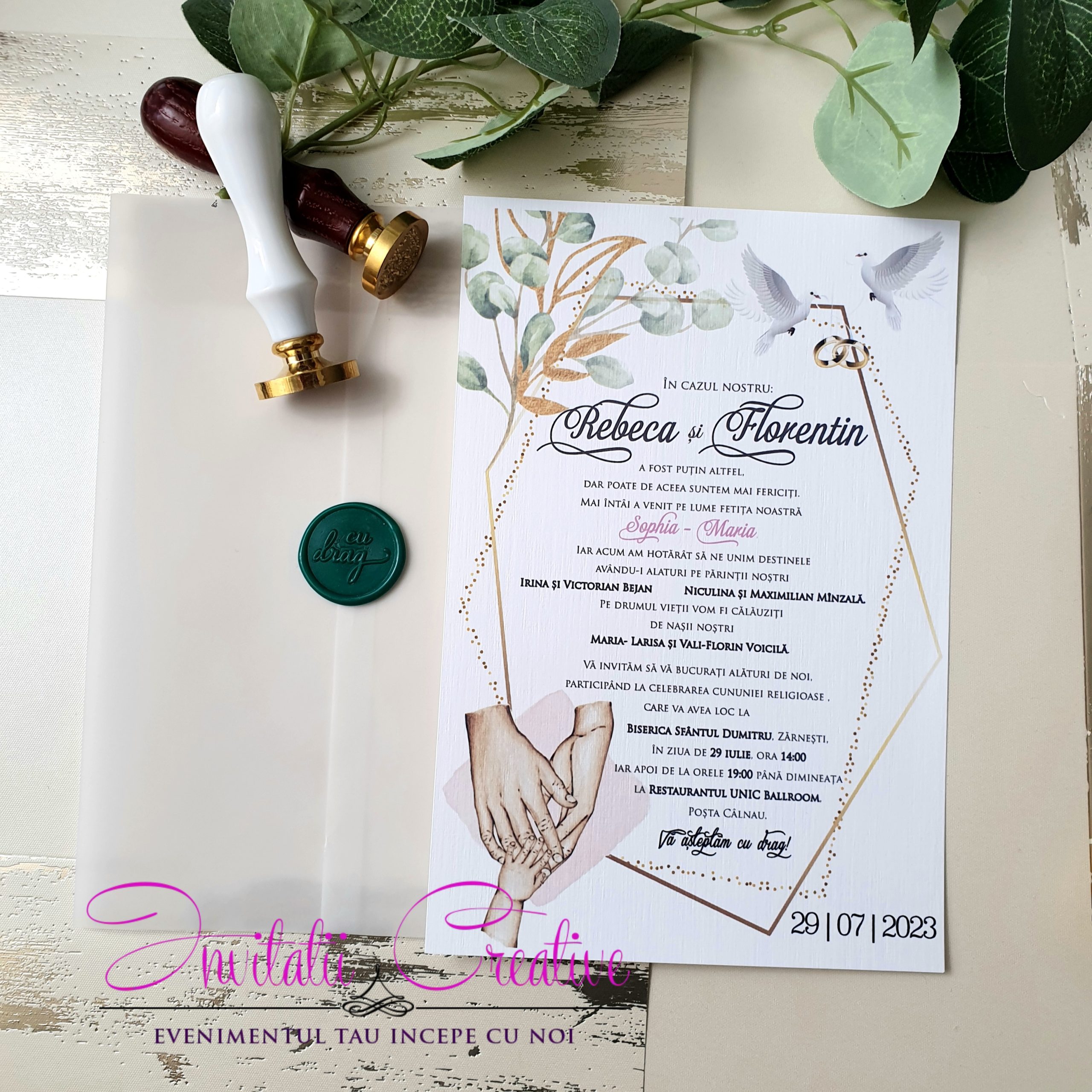 Invitatie 2 in 1 Eleganta cu Sigiliu Maini Parinti si Bebe Fetita