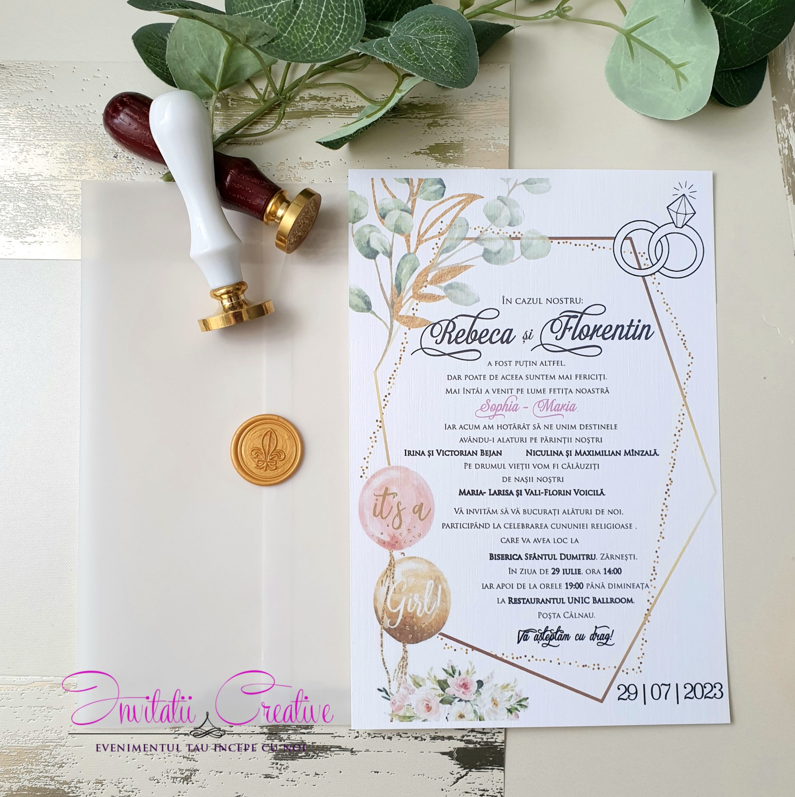Invitatie Nunta si Botez cu Sigiliu ceara Verighete Its a Girl