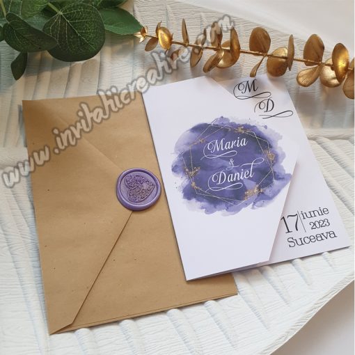 Invitatie de Nunta cu Pecete si Motiv Modern Mov-Gold