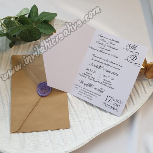 Alternative view of Invitatie de Nunta cu Pecete si Motiv Modern Mov-Gold