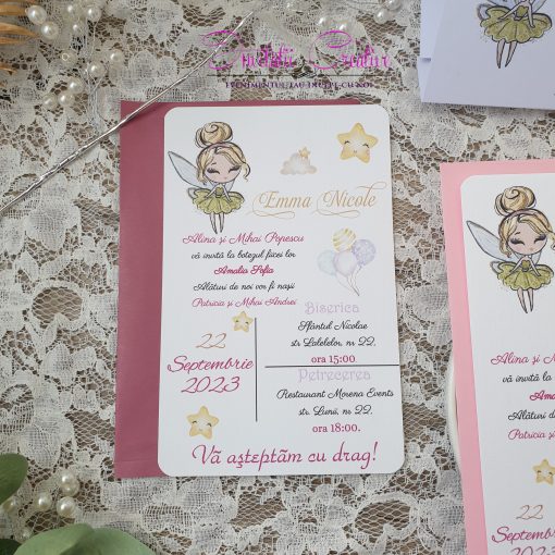 Invitatie de Botez Zana Eleganta cu Rochita verde