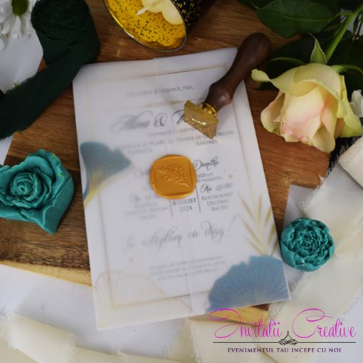 Invitatii Nunta Calc si Sigiliu Motiv Modern Frunze Verzi si Aurii